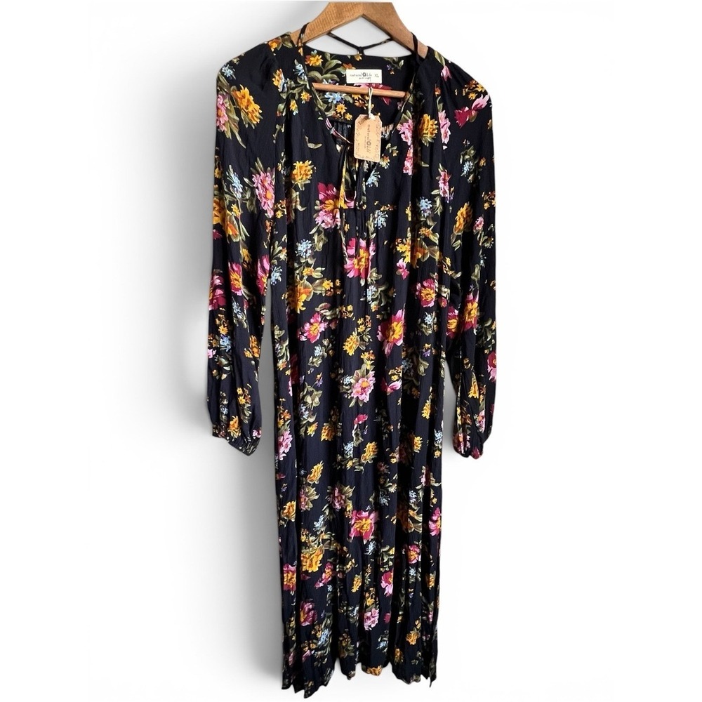 NATURAL LIFE Rowan Floral Midi Maxi Dress NWT Black Boho Long Sleeve Side Slit